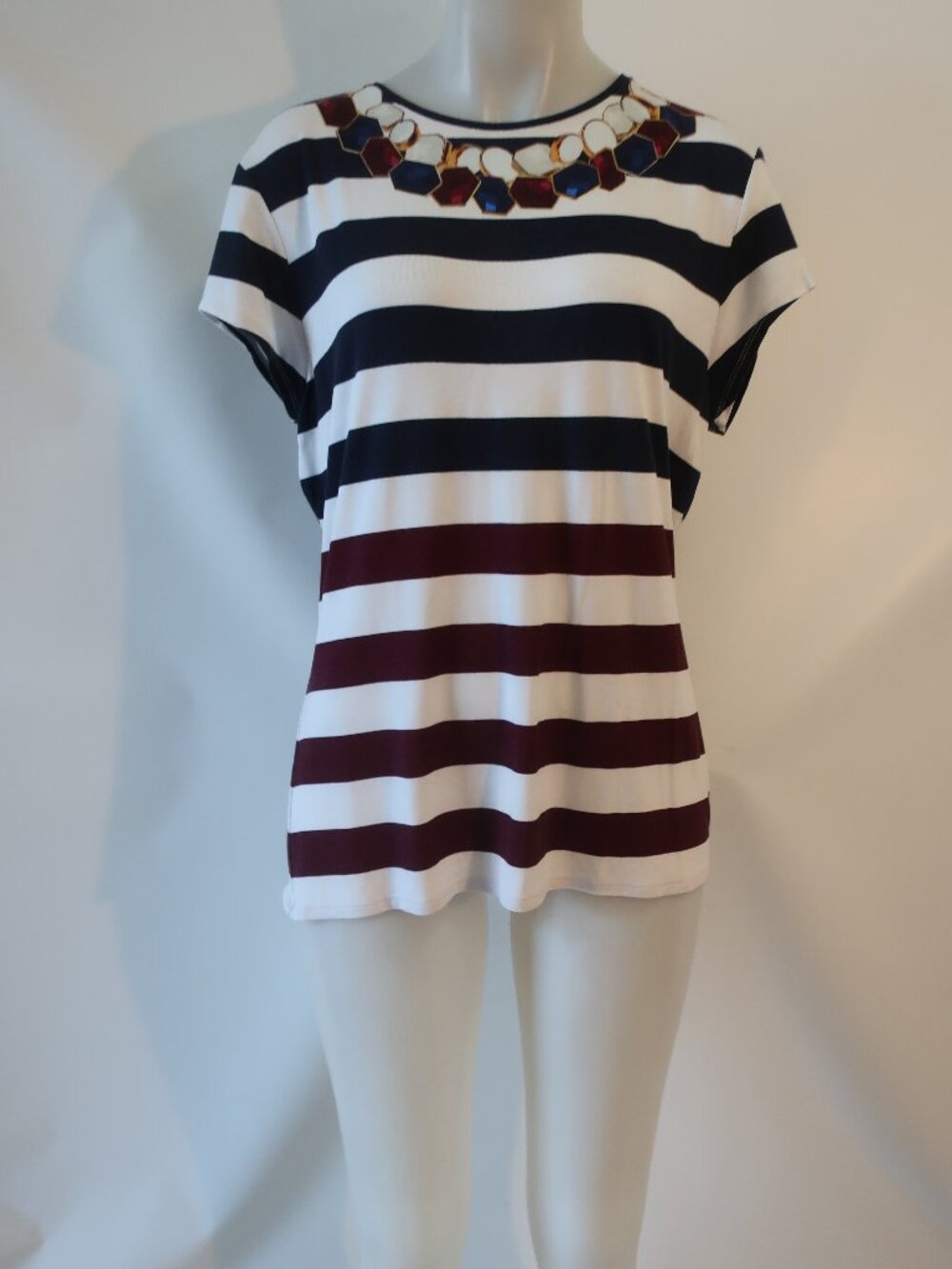 Womens Ted Baker White, Navy Blue, Maroon Striped Print T-Shirt  5/L
